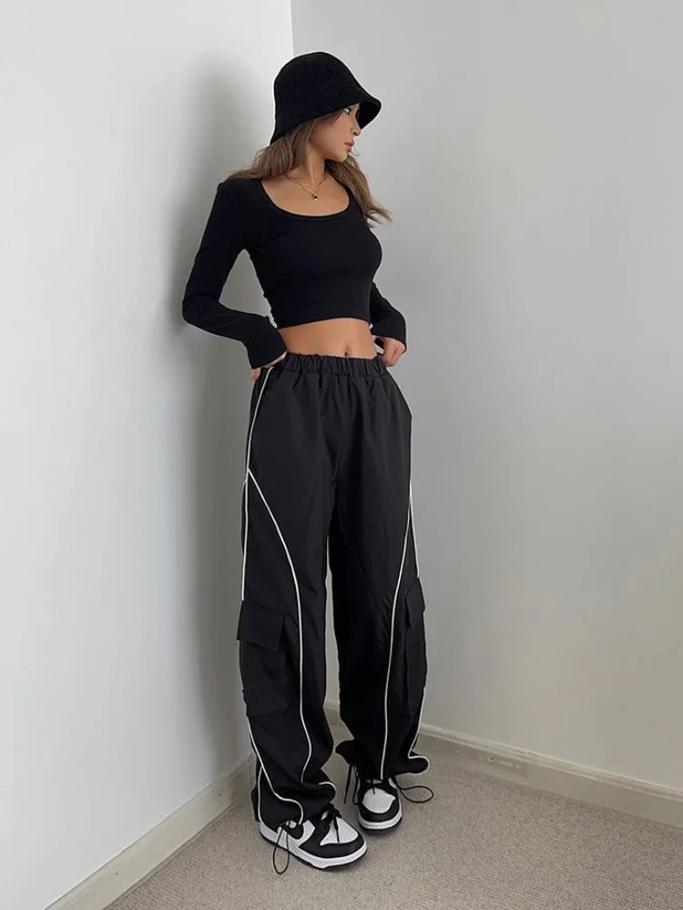 Printing decoration Hip Hop Reflective Cargo Cyber Punk Y2k Streetwear Oversize Striped Sweatpants Pant