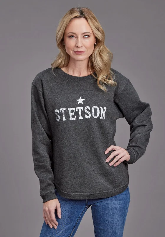 Street Style Stetson Womens Star Screenprint Heather Black Cotton Blend Pullover Sweater