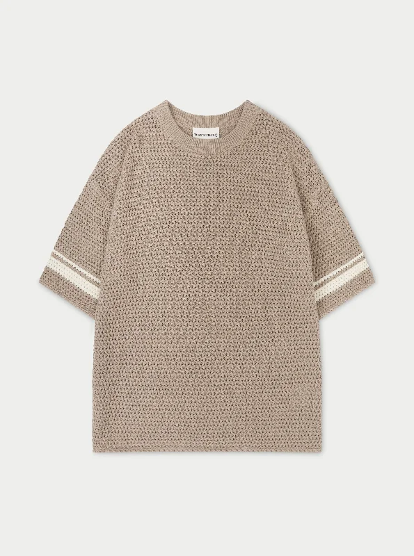 Oversized Jackets CROCHET KNITTED CONTRAST STRIPE T-SHIRT - BROWN