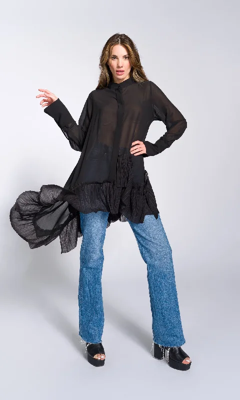 Fashion Trend Pleated Hem Asymmetric Chiffon Shirt