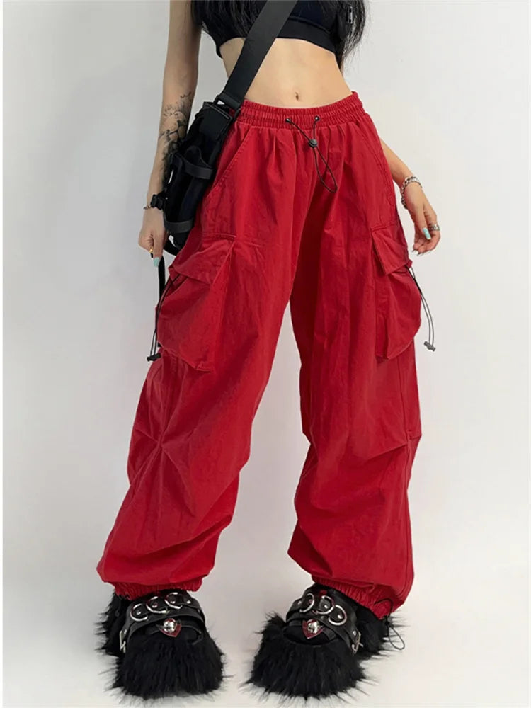 Simple research Cyber Y2K Red Parachute Hip Hop Cargo Oversized Punk Wide Leg Pant