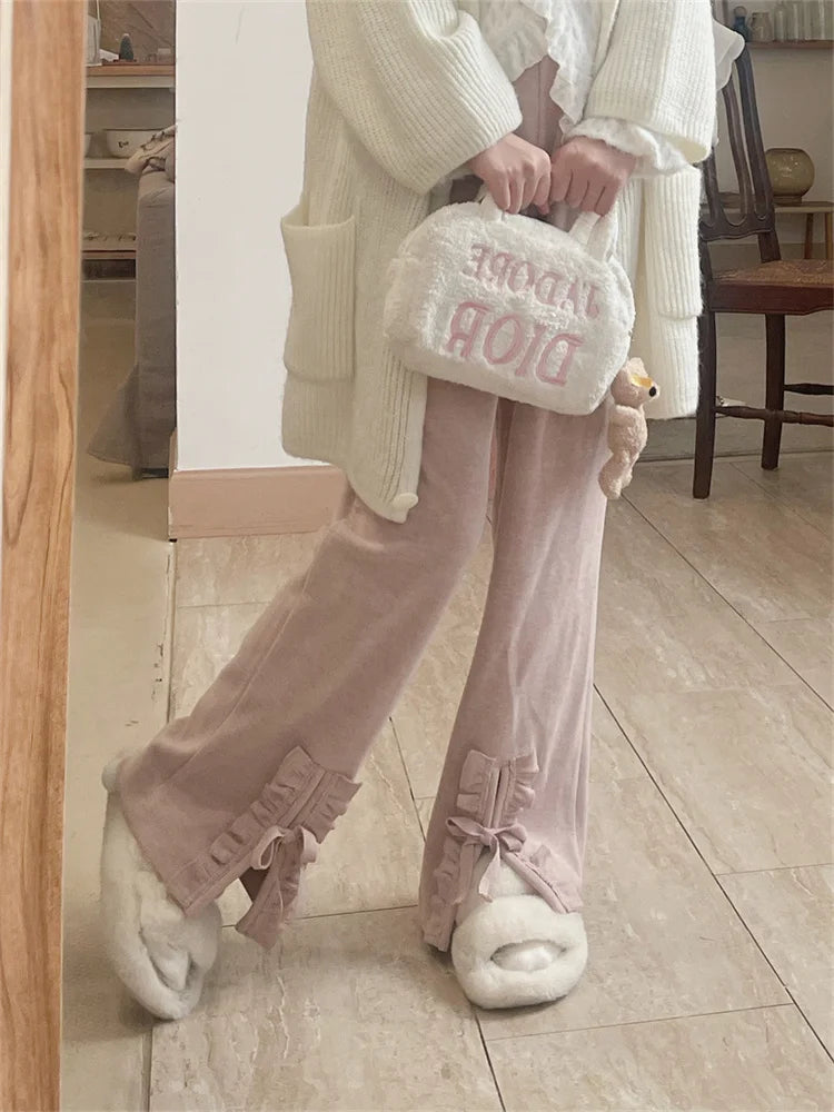 Retro Design Korean Sweet Cute Pink Lolita Ruffles Beige Girly Elegant Wide Pant