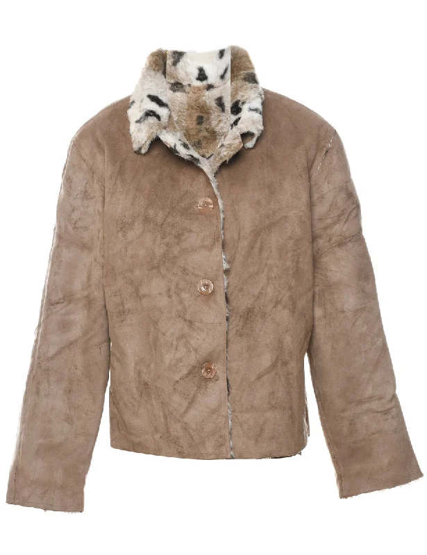 Elegant and noble Brown Suede & Animal Design Shearling Lined Jacket - L