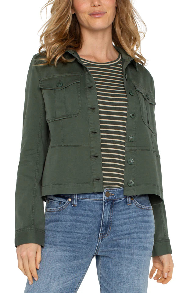 Romantic And Sweet Liverpool Trucker Jacket with Peplum Hem Moss Green