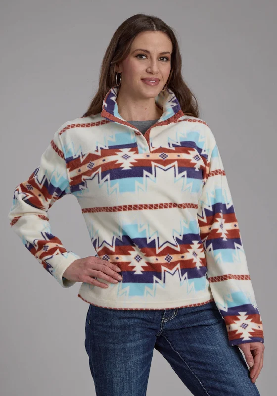 Sports Yoga Style Roper Womens Large Aztec Print Cream/Blue 100% Polyester Fleece Jacket