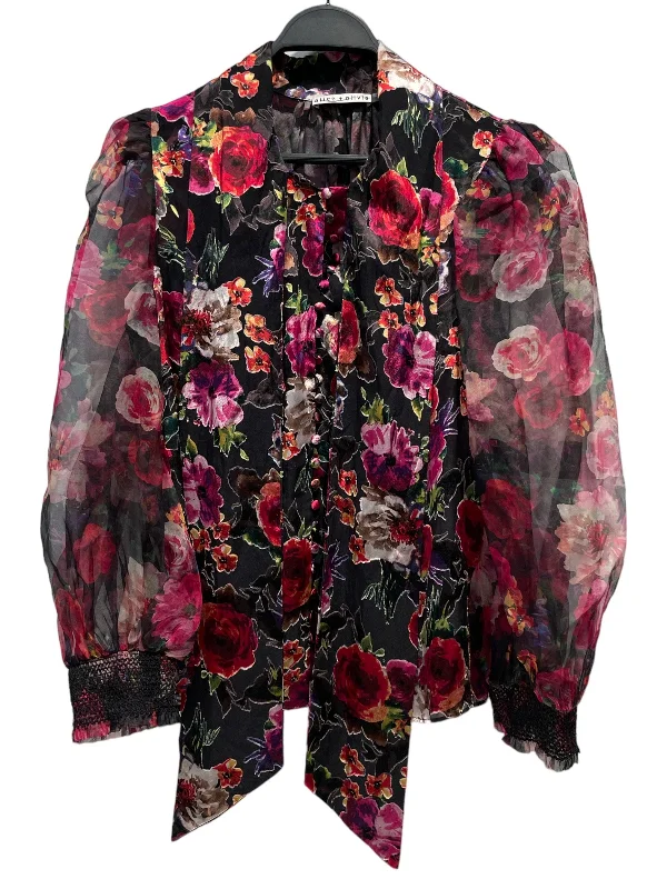 Sweet breath alice+olivia/Blouse/L/Floral Pattern/Silk/BLK/