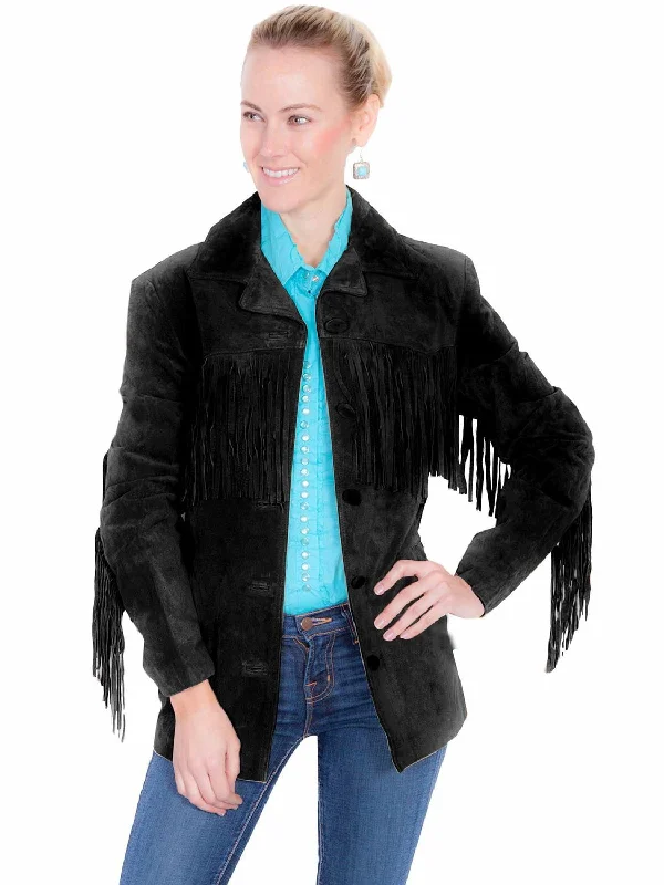 Sports litigation style Scully Womens Notched Lapel Fringe Black Leather Leather Jacket XXL