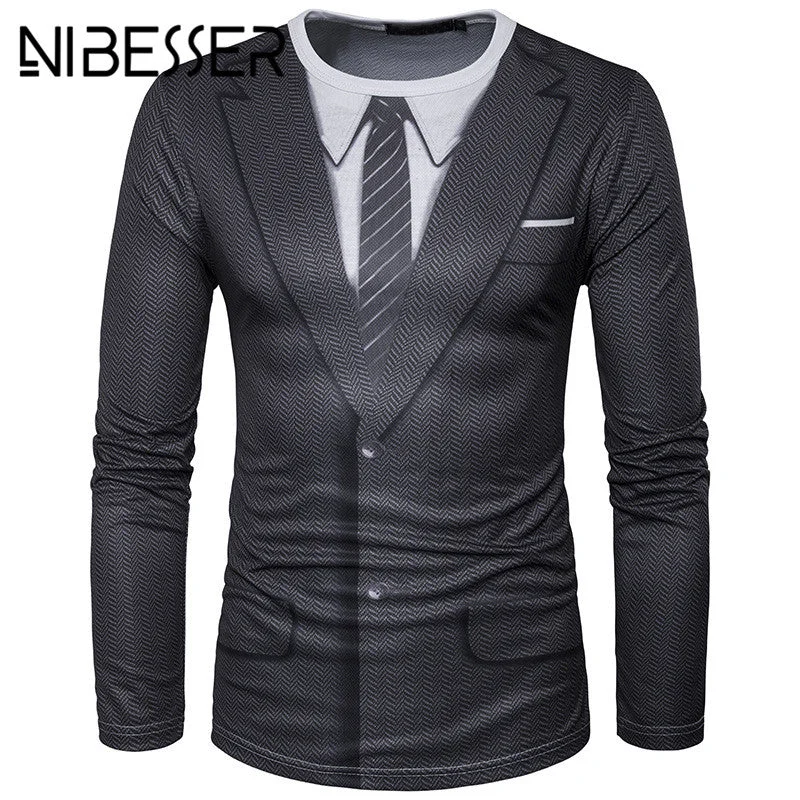 Cargo Pants NIBESSER 2018 Spring Men's T shirts Casual fake 2 pieces 3d Printed Long Sleeve Male Slim Tee Tops Fashion Punk Rock Tee Shirts