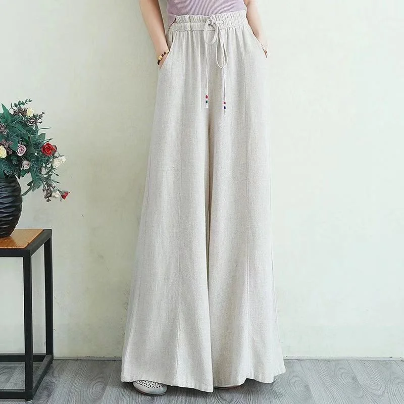 Street Sports Style Vintage Linen Elastic Waist Summer Wide Legs Pants for Women