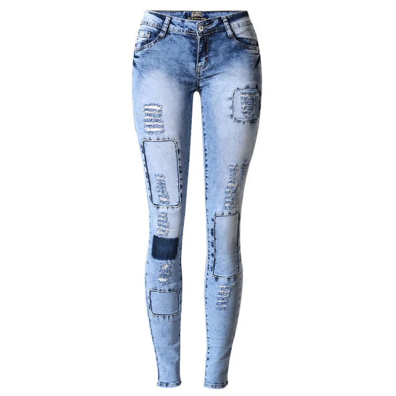 Street Fashion Style Ripped Patch Jeans Slim Fit Jeans