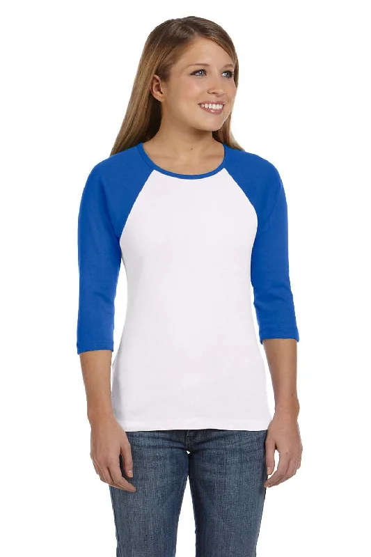 Mid-length Style Bella + Canvas Womens 3/4 Sleeve Crewneck T-Shirt - White/True Royal Blue