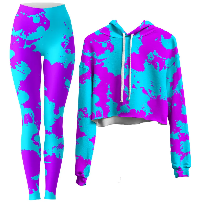 Stand-up collar design Blue and Purple Paint Splatter Crop Hoodie and Leggings Combo