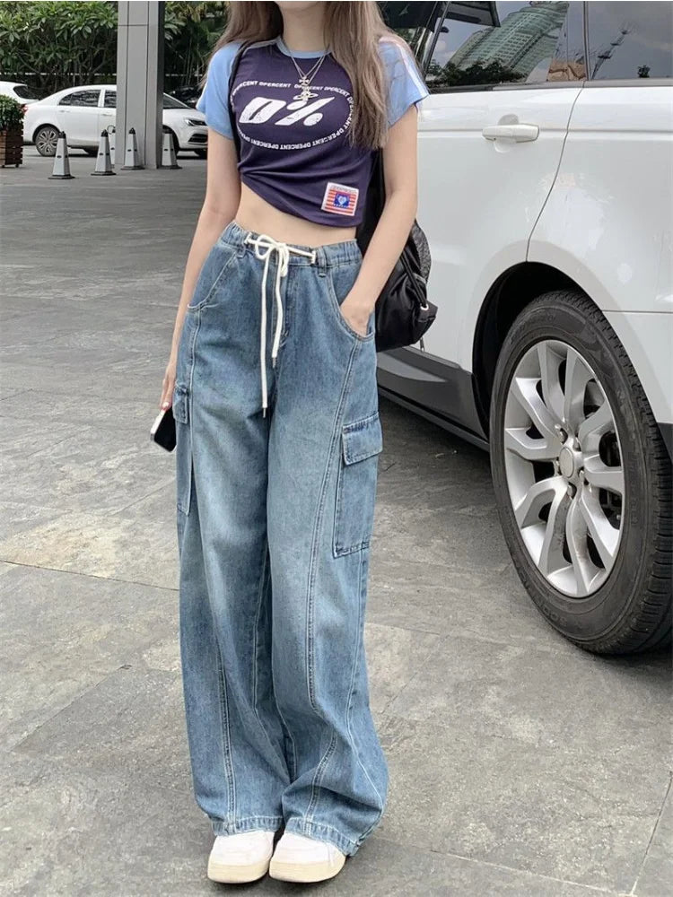 Warm and substantial Harajuku Y2K Drawstring Baggy Streetwear Cargo Pockets Wide Leg Pant