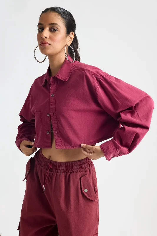 Bottom And Versatile Ruby Wine Long Sleeve Cropped Shirt