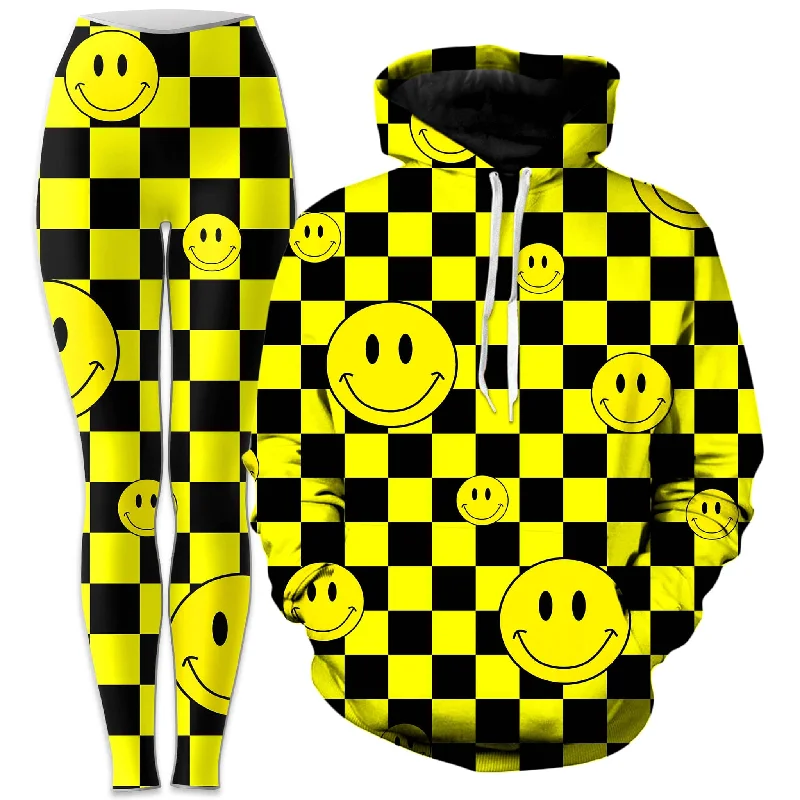 Street Show-off Style Smile Checkerboard Hoodie and Leggings Combo