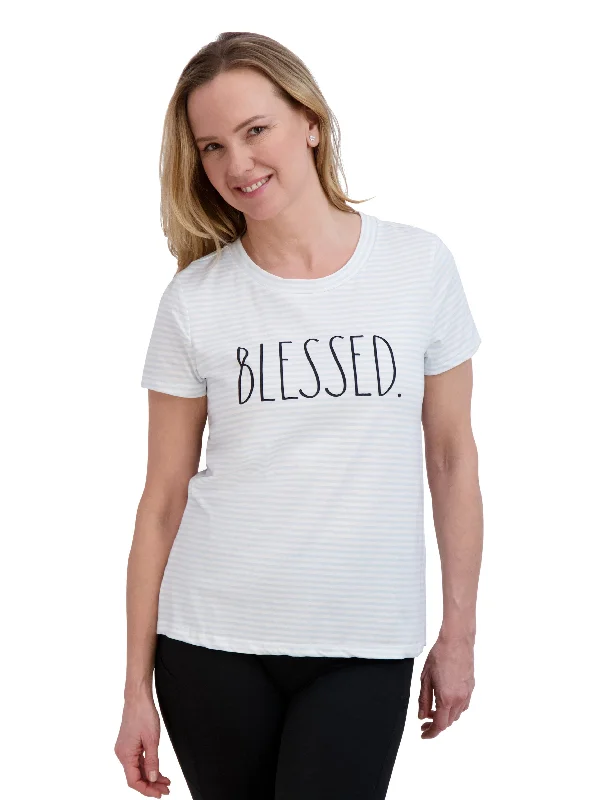 Relaxed And Casual Women's "BLESSED" Short Sleeve Striped Icon T-Shirt