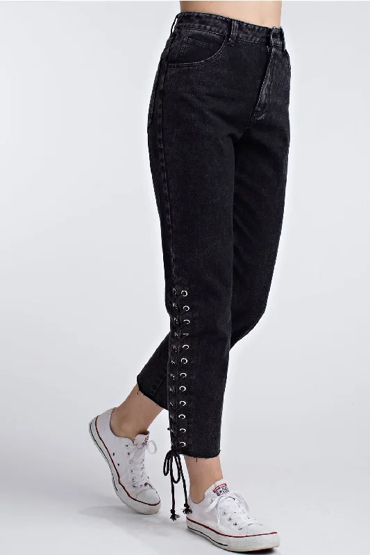 Sweet Girl Side Lace Up Denim Pant, Black