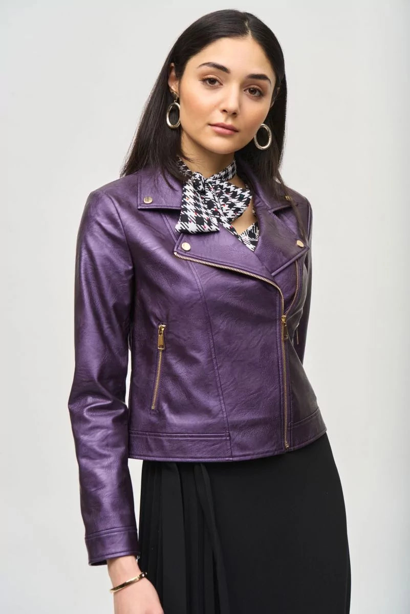 Style Design Joseph Ribkoff Faux Leather Biker Jacket Style 234902 Black Currant