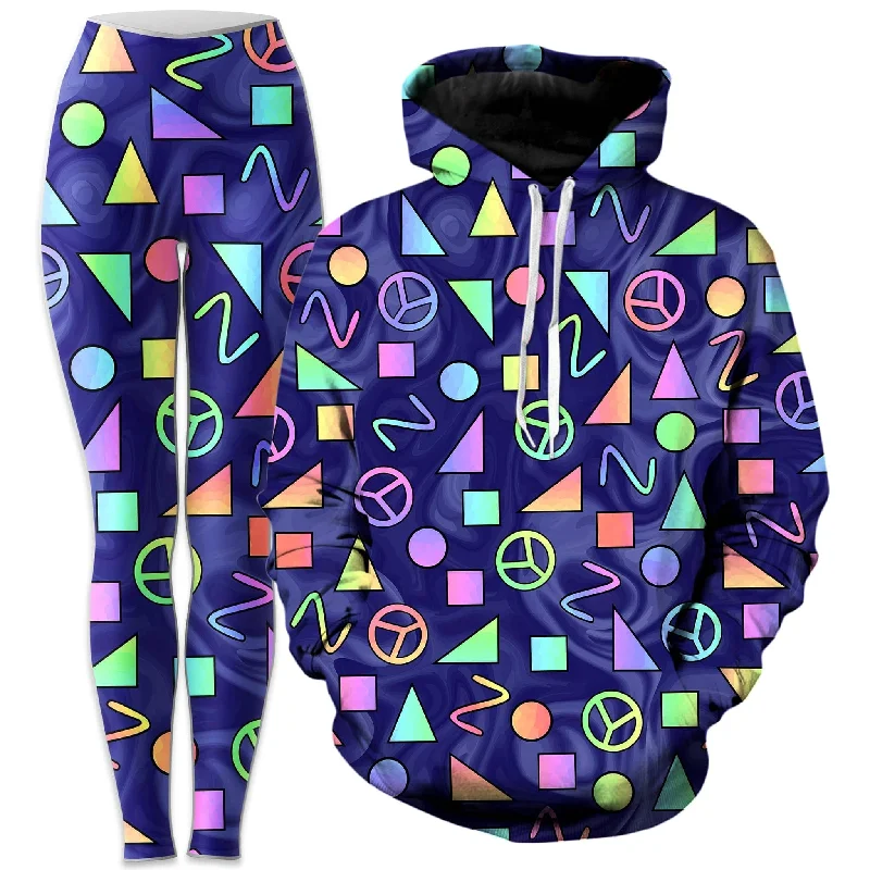 Street Letter Style Retro Shapes Peace Symbols Blue Hoodie and Leggings Combo