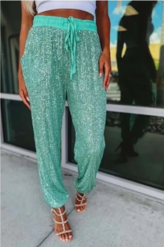 Street Casual Style MINT SEQUIN HIGH WAISTED DRAWSTRING JOGGER PANTS SP19958