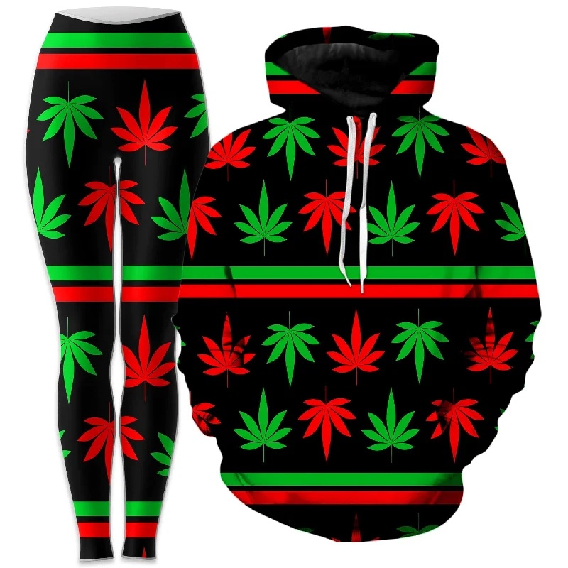 Street Sports Style Red And Green Festive Bud Hoodie and Leggings Combo