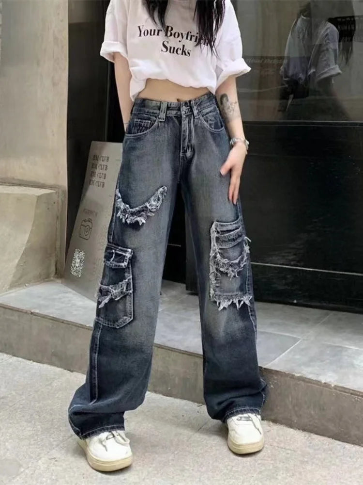 British casual Vintage Streetwear Baggy Cargo Hippie Grunge Distressed Oversized Korean Pant