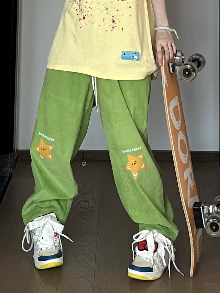 Sports fitness shoes Vintage Hippie Star Print Corduroy Kawaii Green Wide Leg Sweatpants Pant