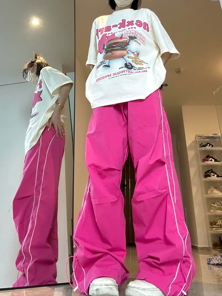 Sports Functional Style Y2K Pink Quick Dry Sweatpants Harajuku Kpop Oversized Wide Leg Sport Pant