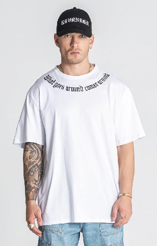 Street-inspired White Karma Oversized Tee