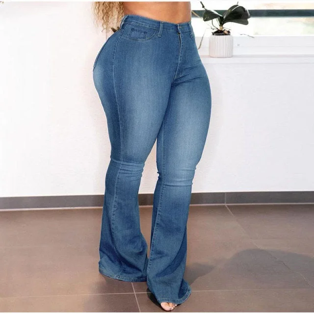 Cool Summer Plus Size Stretchy Flare Jean High Waist Wide Leg Vintage Bell Bottom Denim Pants