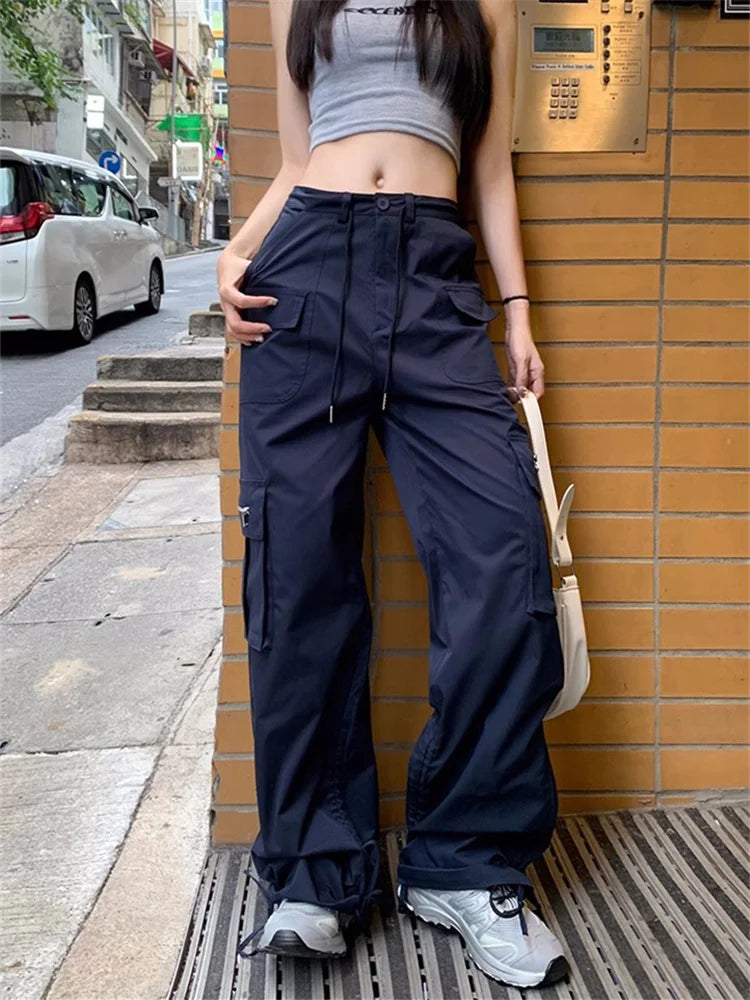 Unique prints Korean Style Drawstring Sweatpants Y2K Vintage Navy Blue Oversized Streetwear Pant