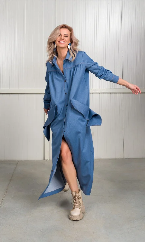 Moisture wicking Chambray Shirt Dress with Flap Pockets