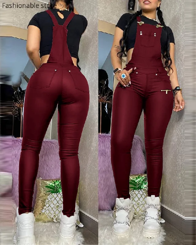 Sports And Leisure Women Buckled Zipper Design Suspender Jumpsuit Thick Strap Pockets