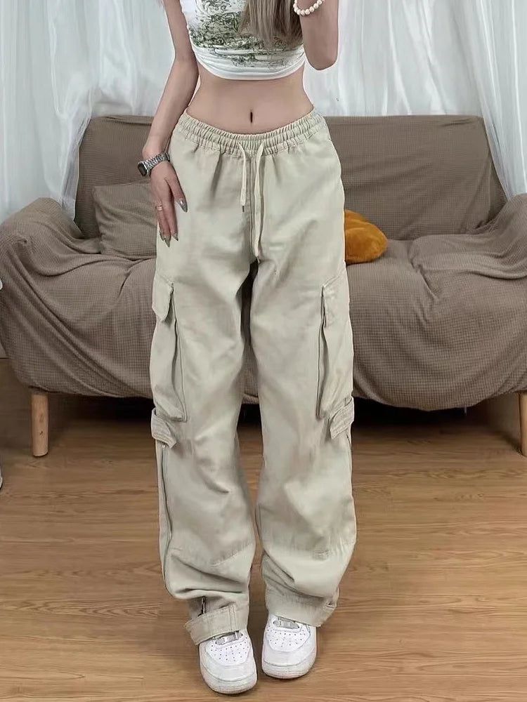 Cool Style Y2K Retro Beige Cargo Vintage Streetwear Pockets Wide Leg Fashion Pant