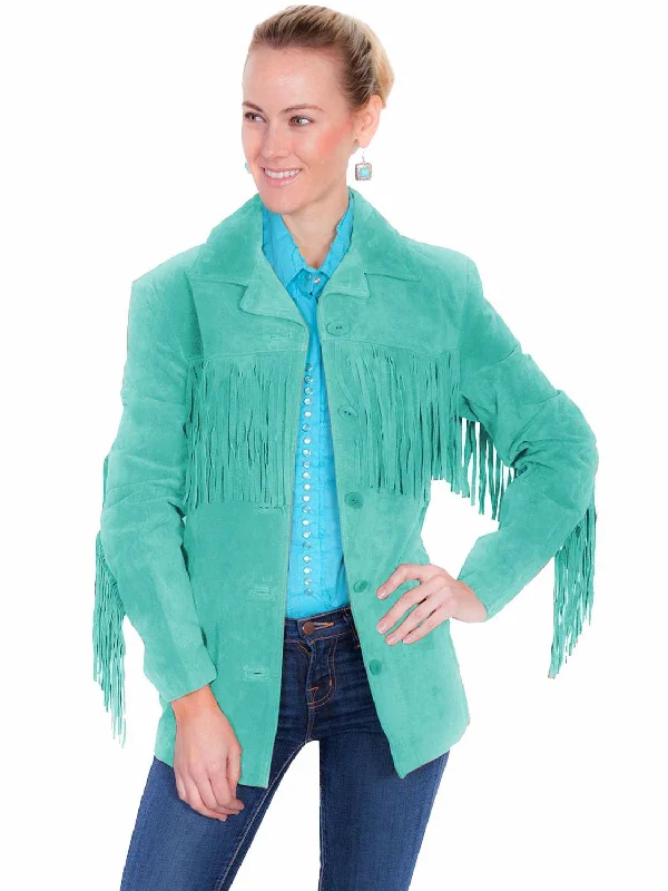 Fashionable and casual Scully Womens Notched Lapel Fringe Turquoise Leather Leather Jacket