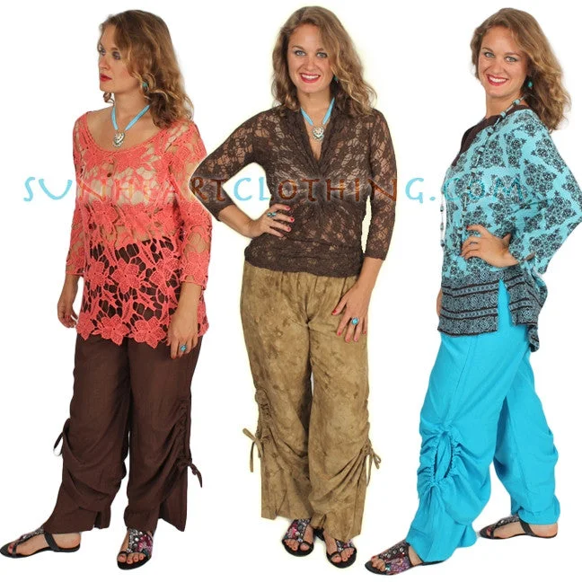 Printed pattern SunHeart Ruched 2 Layer Pant Boho Hippie Chic Sml-XL  Brown Olive