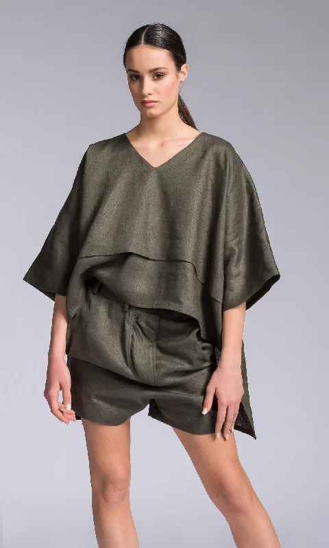 Comfortable down Linen Kimono Blouse with High-low Hem