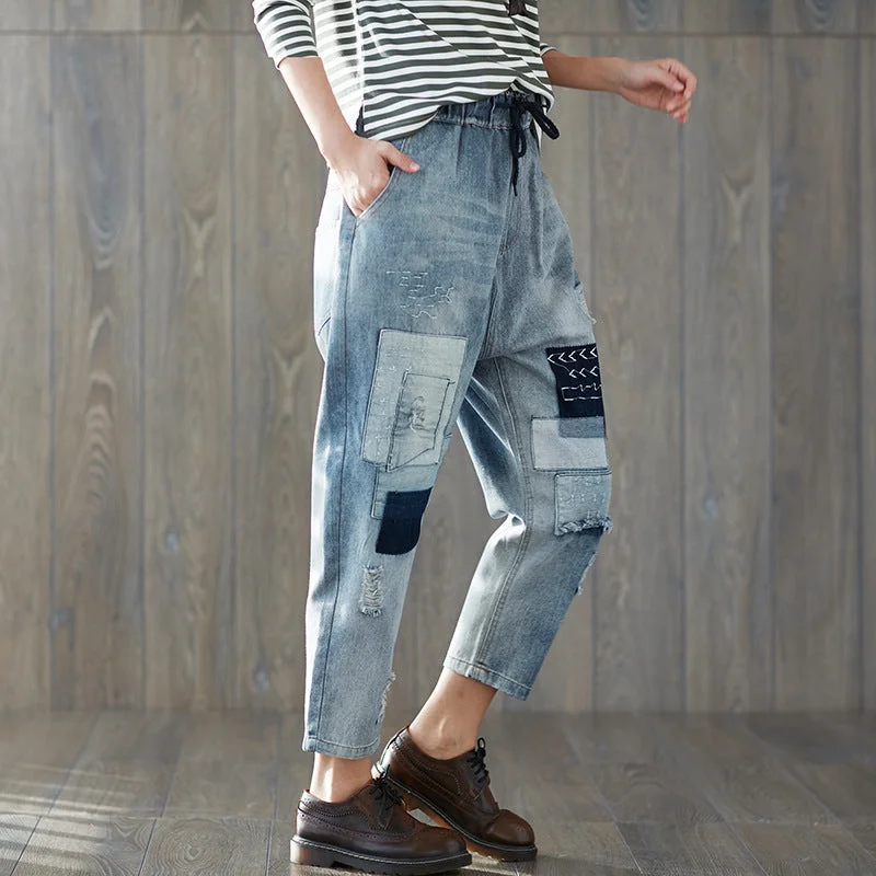 Street Style Casual Elastic Waist Cropped Jeans for Women