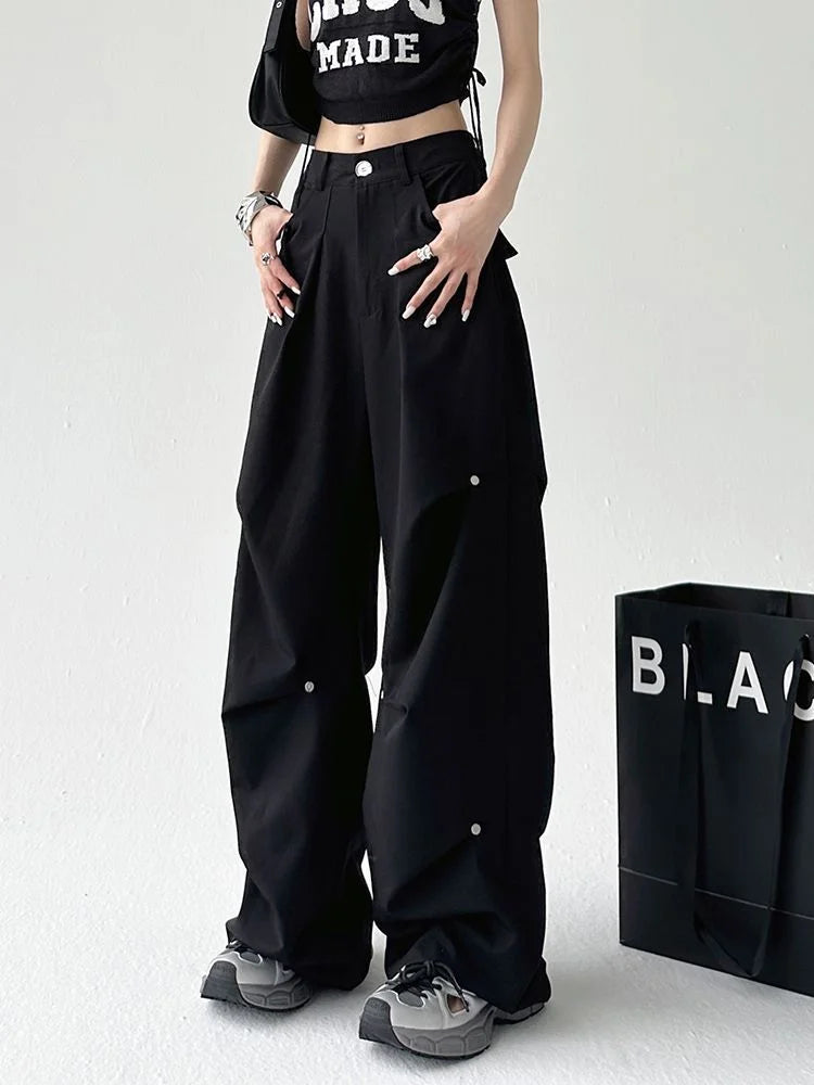 Street Fashion Style Y2K Cyber Punk Cargo Parachute Hippie Korean Style Black Baggy Wide Pant