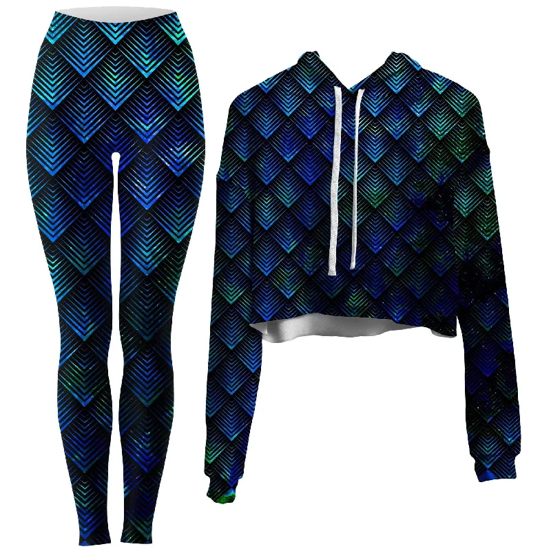 Energetic Galactic Dragon Scale Teal Crop Hoodie and Leggings Combo