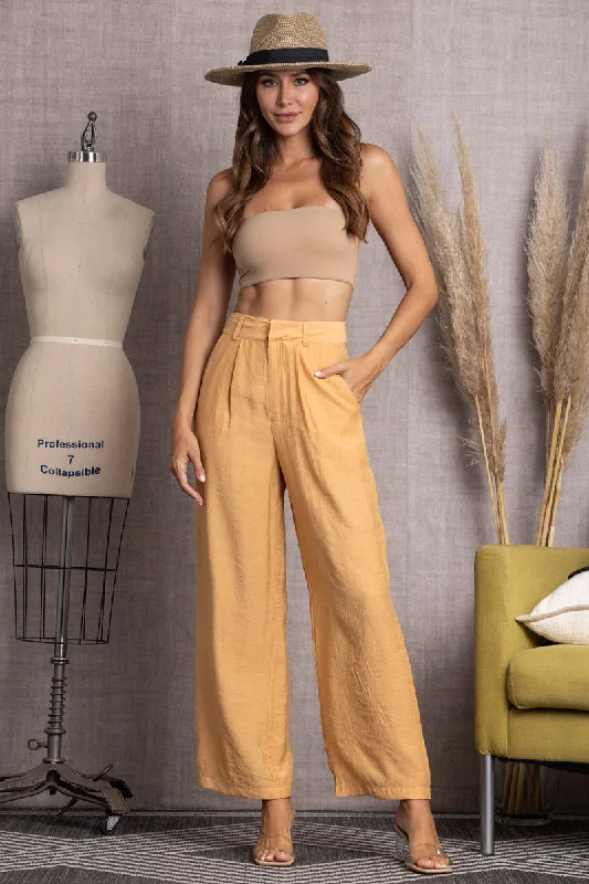 Printed pattern CARAMEL PLEATED LINEN WIDE LEG PANTS-VE60043BOT