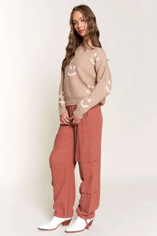 Sports Yoga Style TERRACOTTA LINEN WIDE LEG CARGO PANTS P9334