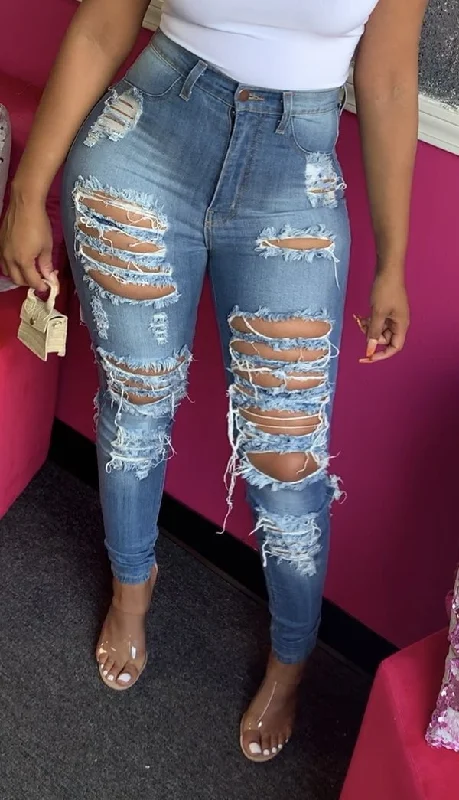 Black And White Style High Waist Ripped Denim Jeans