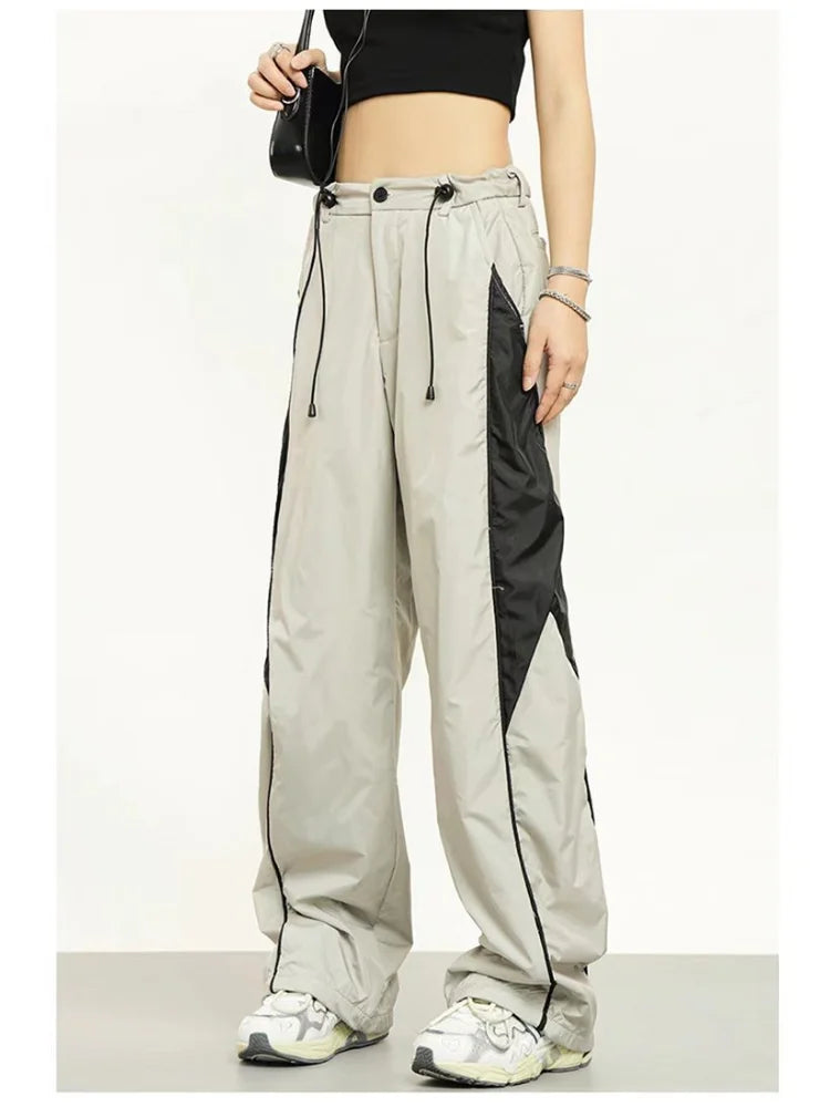 Street Show-off Style Vintage Patchwork Beige Sweatpants Retro Streetwear Wide Leg Baggy Pant