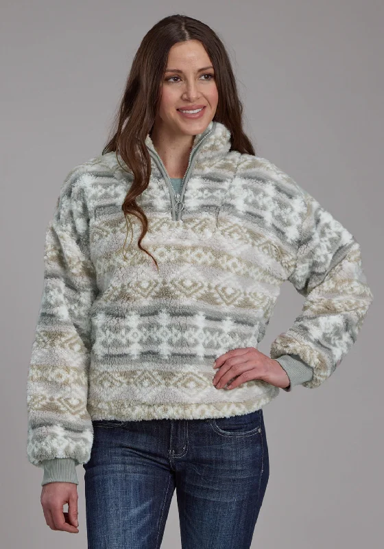 Sports Zipper Style Roper Womens Fuzzy Aztec Taupe/Gray 100% Polyester Fleece Jacket