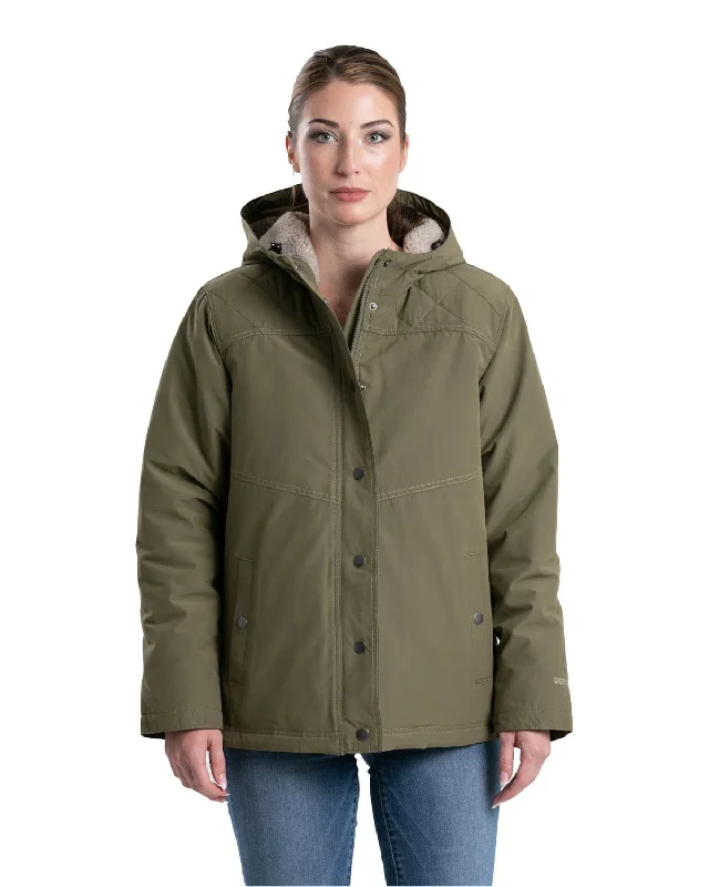 Boutique style Berne Womens Softstone Micro-Duck Hooded Burnt Olive Cotton Blend Coat