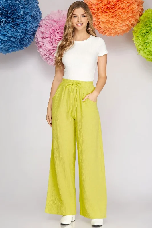 Black And White Style LIME DOUBLE GAUZE ELASTIC WAIST WIDE-LEG WOVEN PANTS S8SY3980