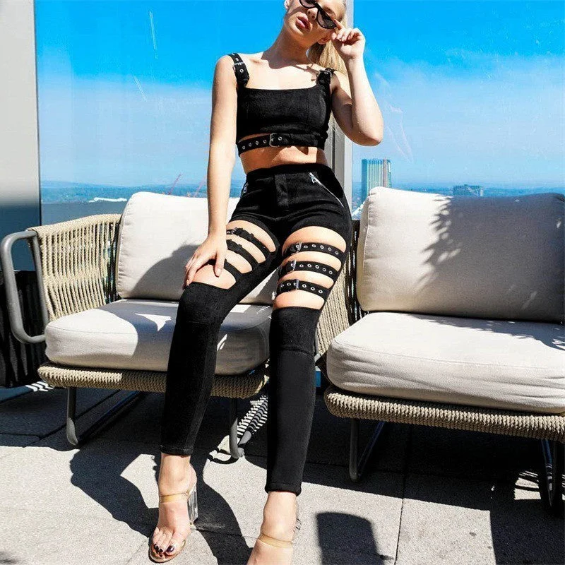 Warm Winter Series Black High Waist Hollow Out Adjustable Thigh Buckle Pants