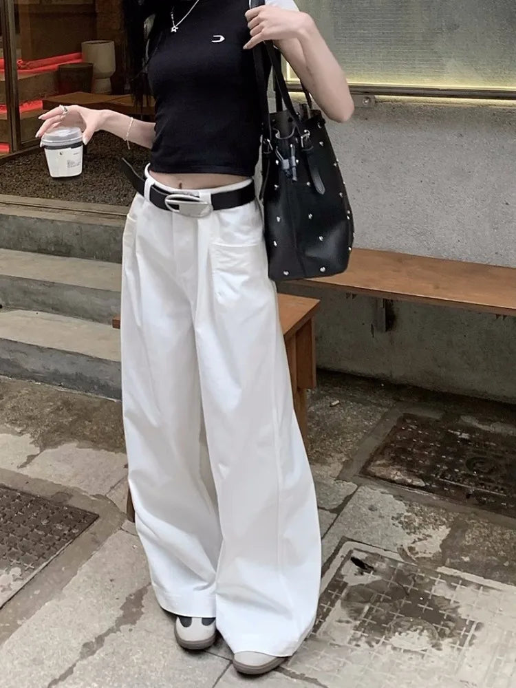 High waist design Harajuku White Cargo Vintage Korean Oversize Wide Leg Streetwear Baggy Pant