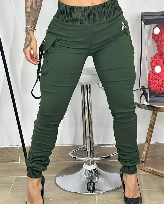 Mid-length Style Women Fashion  Pocket Design Cargo Casual Pants